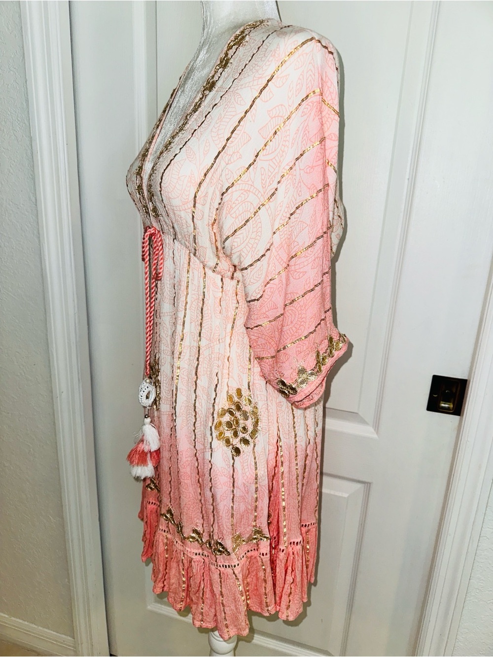 ZURY Boho Tassel Tie Pink Ombre Dress with Gold Trim (S) - Picture 5 of 8
